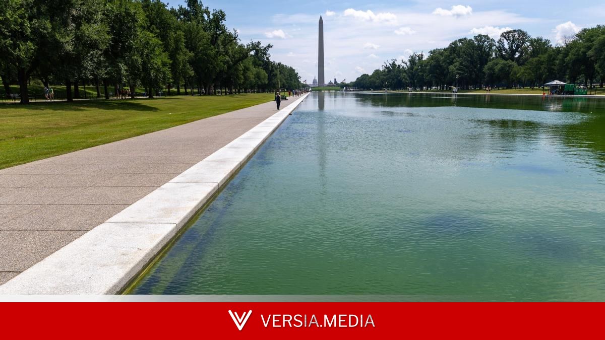 Trump chapotea en el estanque reflectante del Monumento a Lincoln, lleno de algas verdes tras una obra de 14 millones de dólares